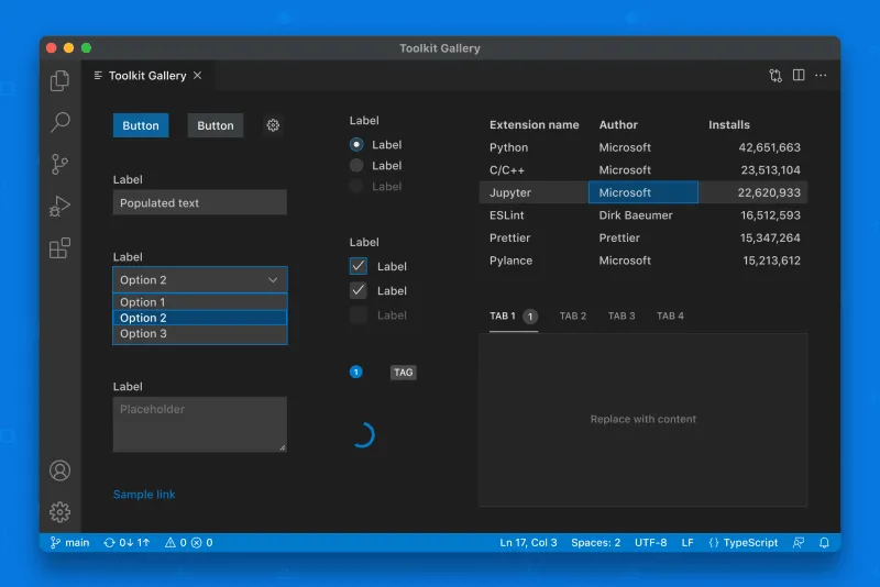 Sample image of the VSCode Webview UI Toolkit showing the different components it provides